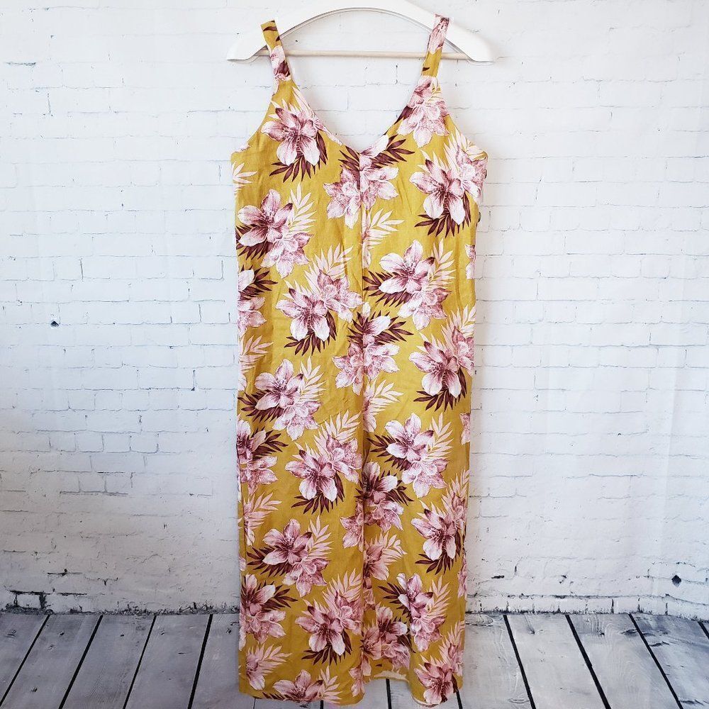 Primark Linen Blend Wide Leg Cropped Jumpsuit Size US 6 Yellow Hawaiian Floral